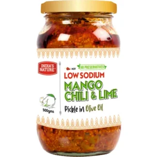 India's Nature Low Sodium Mango Chili & Lime Pickle in Oilve Oil - 500 Gm
